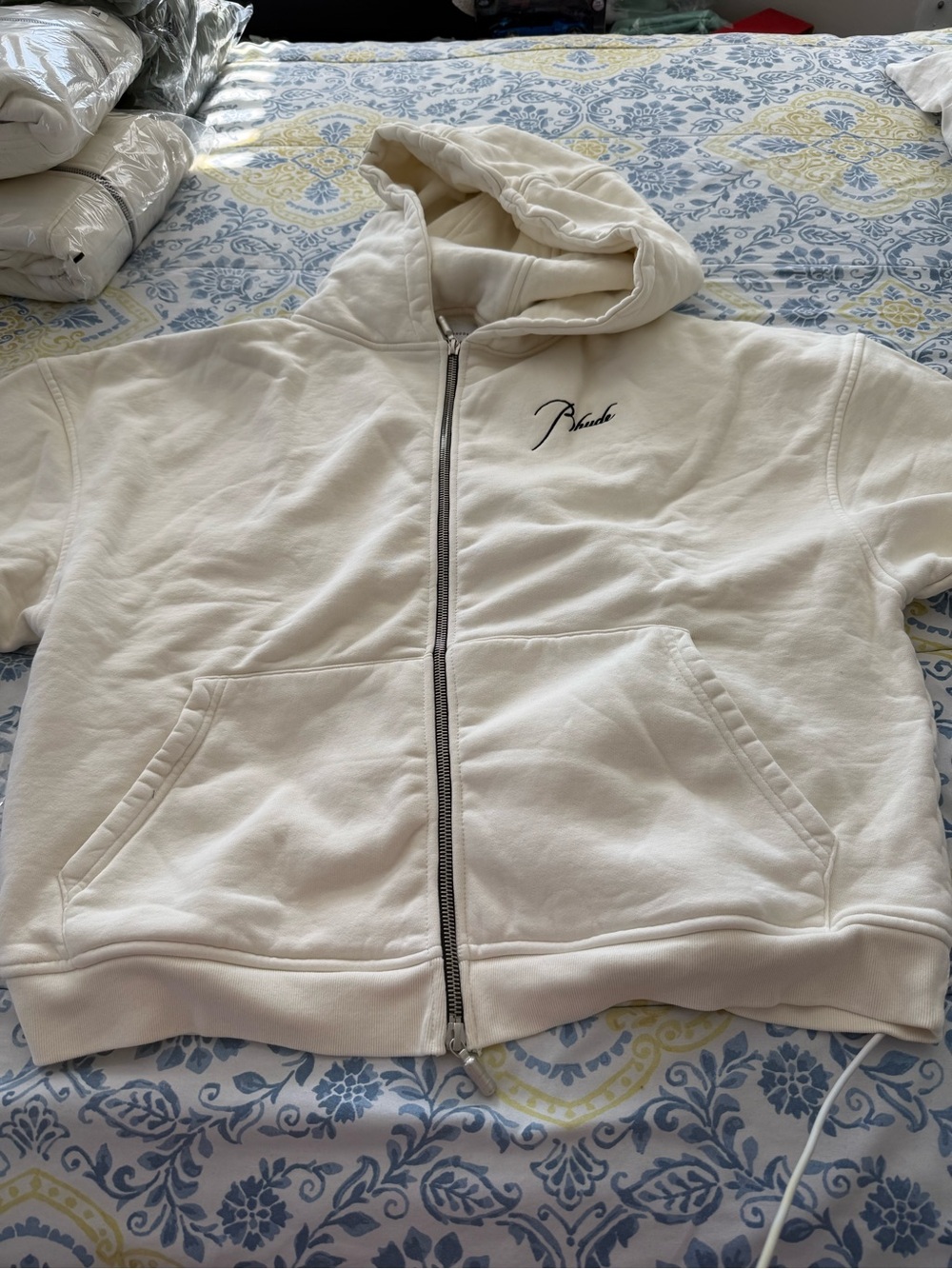 Rhude Cream Zip-Up Hoodie with Script Logo